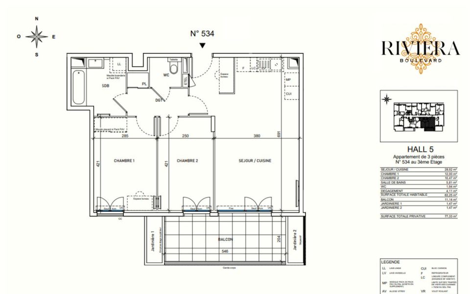Nice – Appartement 3 Pièces exposé Sud – 63.25 m²  Nice Ouest : plan