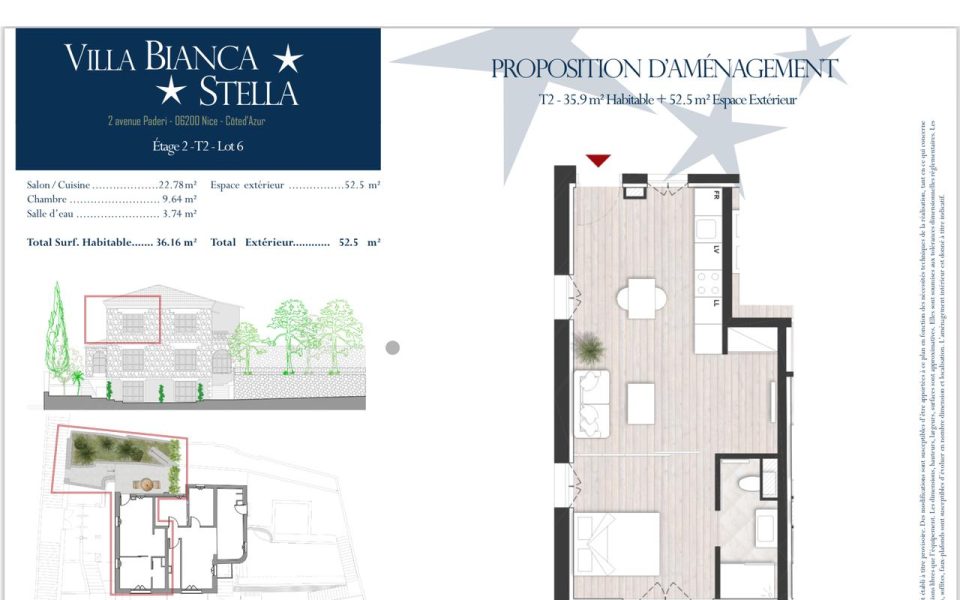 NICE – FABRON  – Magnifique 2 pièces de 36.16 m² entièrement rénové et en dernier étage avec jardin : plan