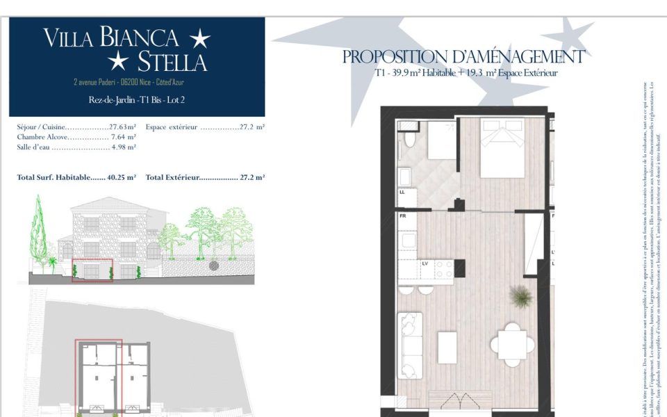 NICE – FABRON  – Grand studio de 40.25 m² entièrement rénové avec jardin : plan