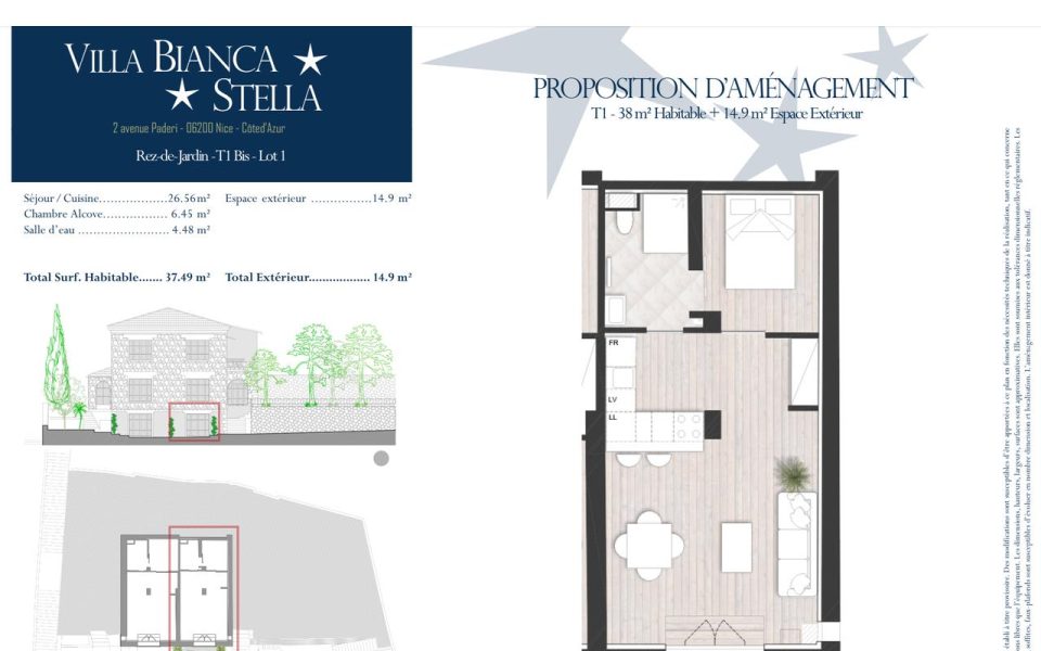 NIZZA – FABRON – Grande monolocale di 37,49 m² completamente ristrutturato con giardino : plan